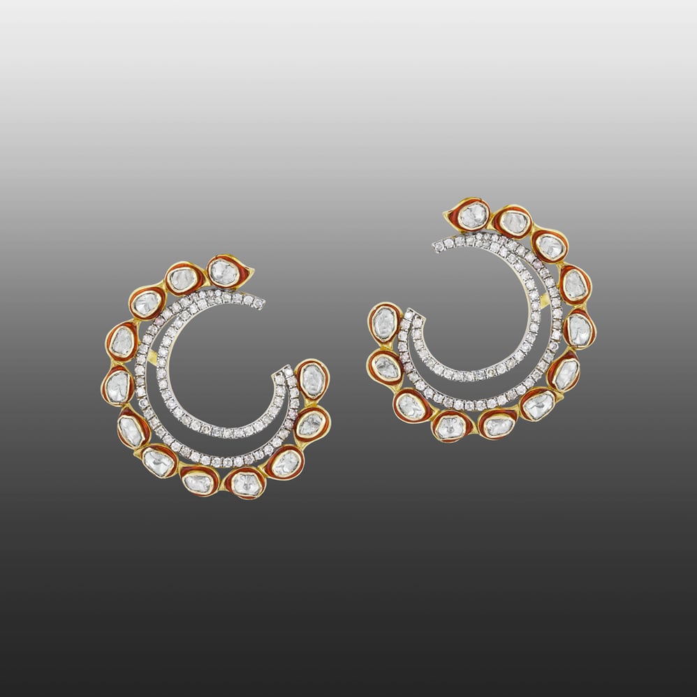 Polki Circular Earrings with Double Arcs and Sparkling Diamonds